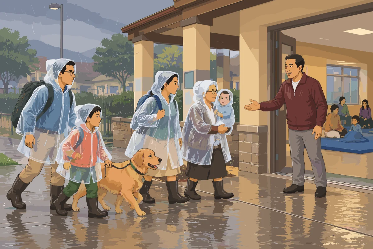 La familia completa con ponchos impermeables, botas de goma, mochilas de emergencia y su perro con correa llega a la entrada de un centro de evacuación donde un responsable los recibe.