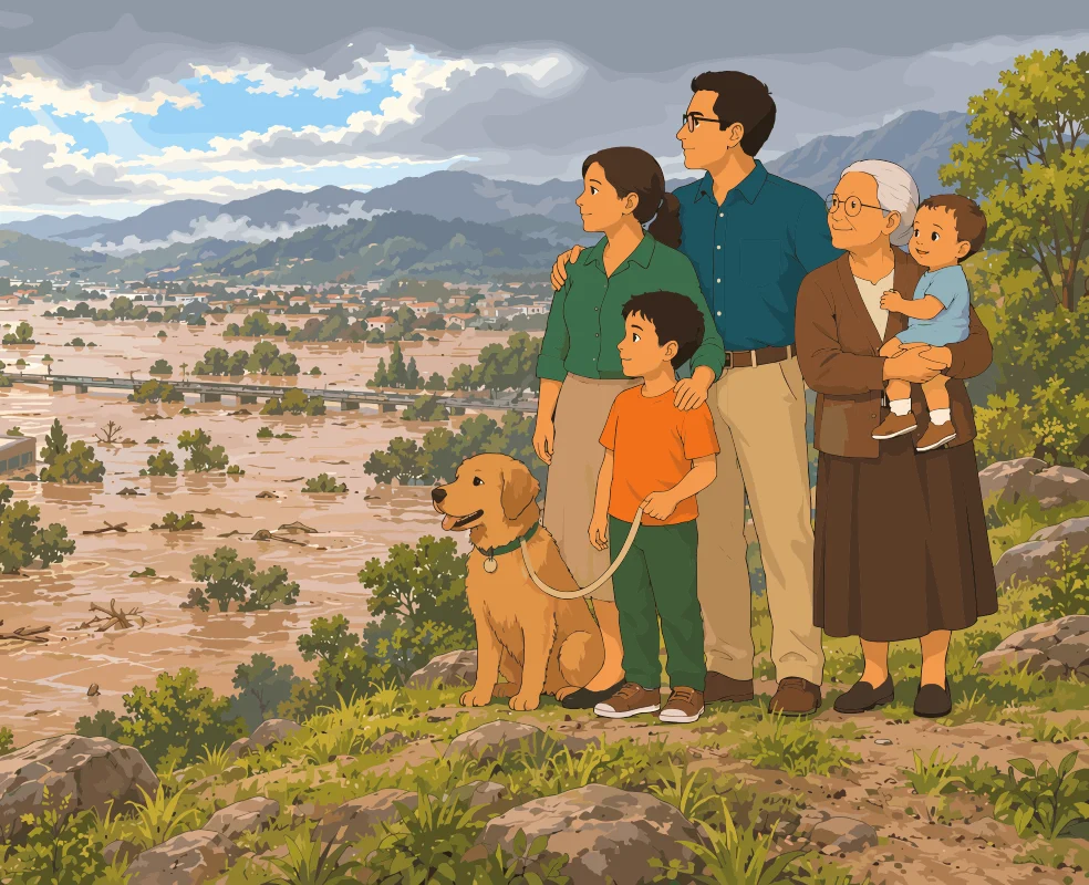 La familia completa a salvo en una colina elevada junto a su perro observa hacia el horizonte el valle y el puente inundados bajo un cielo que comienza a despejarse.