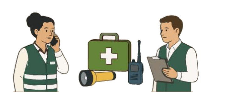 Responsable con botiquín y radio junto a otra persona