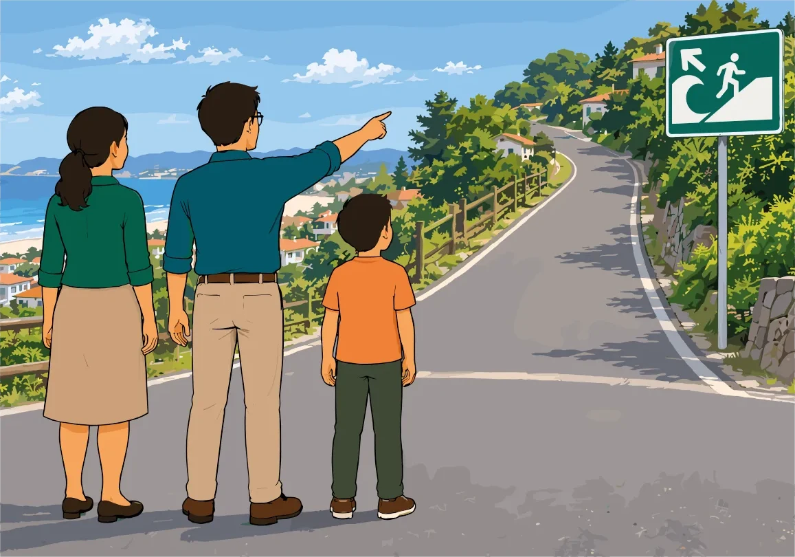 Una familia observa desde una carretera costera el mar y las viviendas de la bahía, junto a una señal de ruta de evacuación.