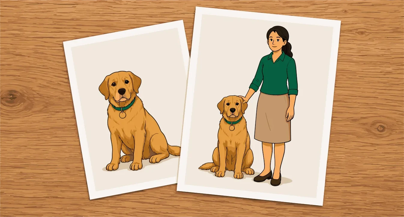 Fotografías recientes de una mascota y de la mascota junto a su responsable.
