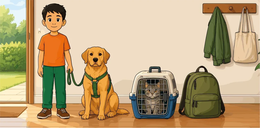 Un niño con su perro atado, un gato en su transportadora y una mochila listos junto a la puerta de casa.