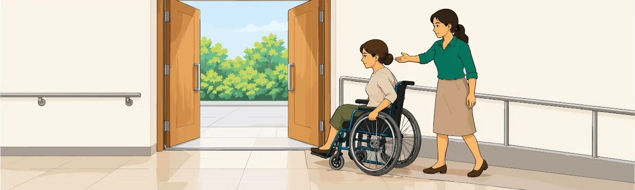 Una persona acompaña a otra que usa silla de ruedas por un pasillo con rampa hacia la salida.