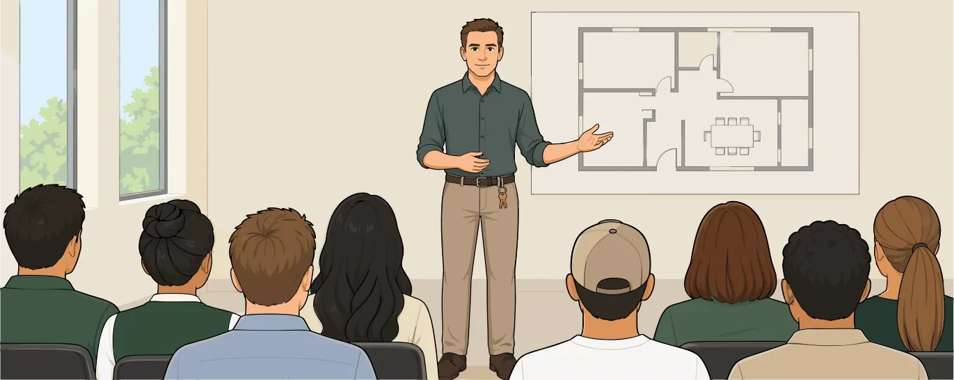Un facilitador explica el plano de evacuación ante un grupo de personas sentadas.