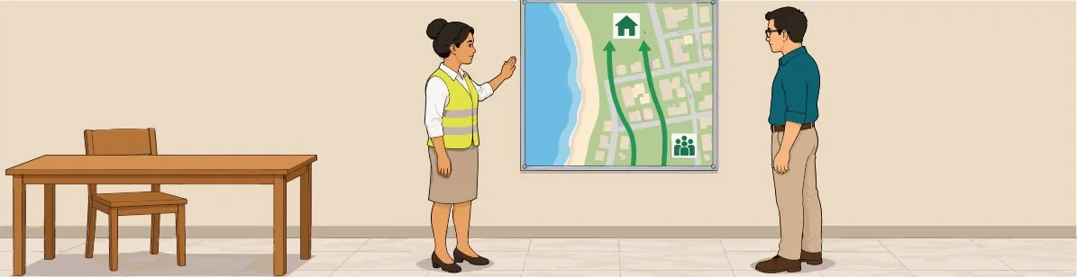 Una facilitadora señala un mapa de evacuación en la pared mientras un hombre observa, junto a una mesa.