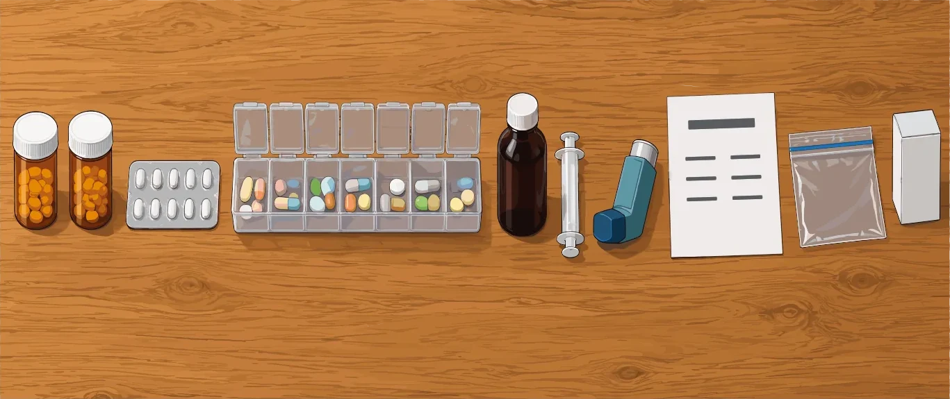 Sobre una mesa: frascos de medicamentos, un organizador semanal de pastillas, un jarabe, un inhalador y una lista.