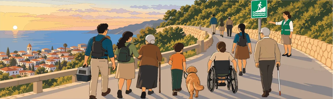 Un grupo diverso de personas evacúa por una carretera costera al atardecer: familias, niños, personas mayores, una persona en silla de ruedas, una persona con bastón y un perro de asistencia.