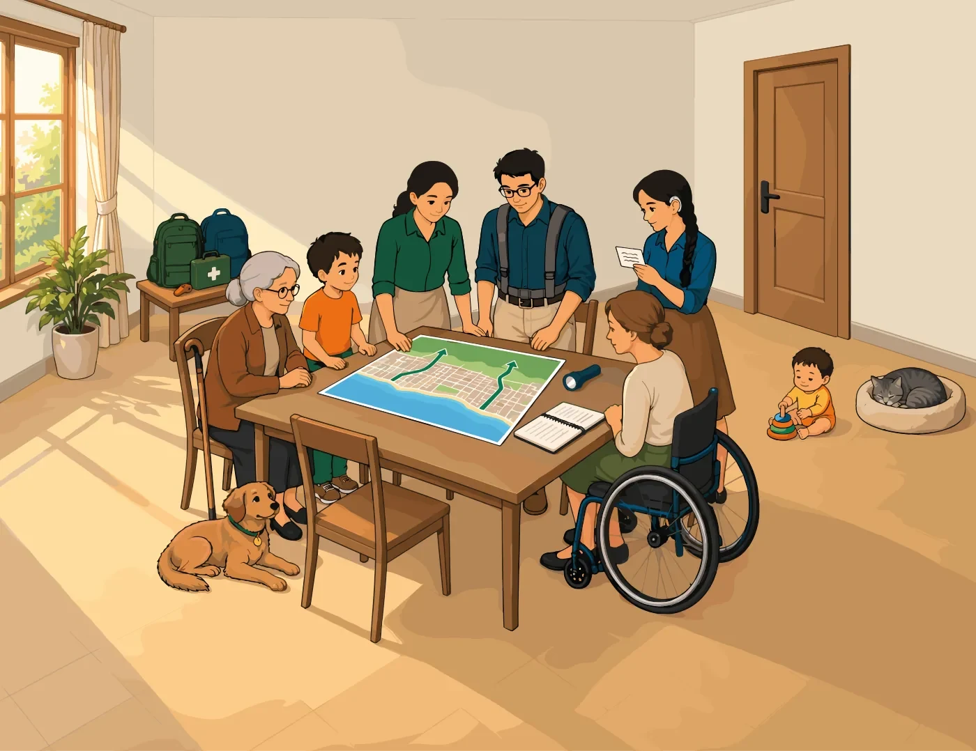 Una familia diversa —con una persona mayor, un niño, una persona en silla de ruedas, un bebé y mascotas— planifica junta alrededor de una mesa con un mapa de evacuación.