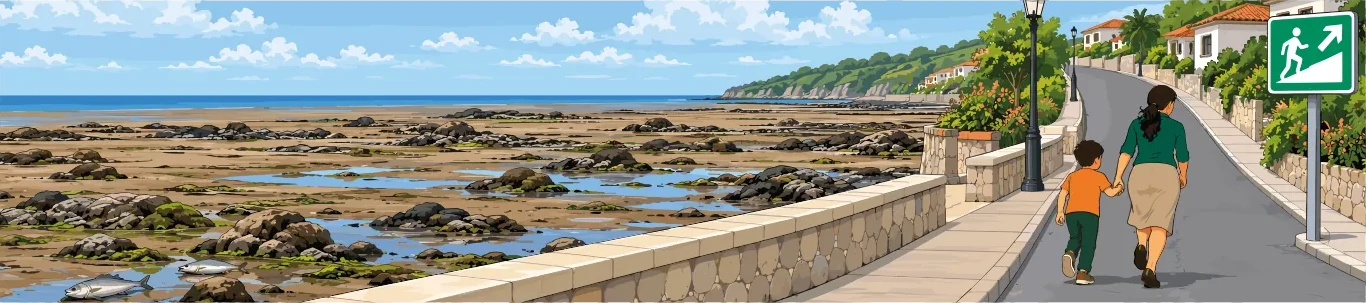 El mar se ha retirado dejando expuesto el fondo marino mientras una madre y su hijo se alejan de la costa siguiendo una señal de evacuación.