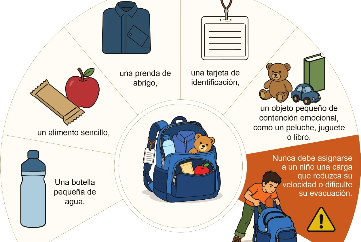 Infografía de la mochila infantil: una botella pequeña de agua, un alimento sencillo, una prenda de abrigo, una tarjeta de identificación y un objeto pequeño de contención emocional. Nunca debe asignarse al niño una carga que reduzca su velocidad o dificulte su evacuación.