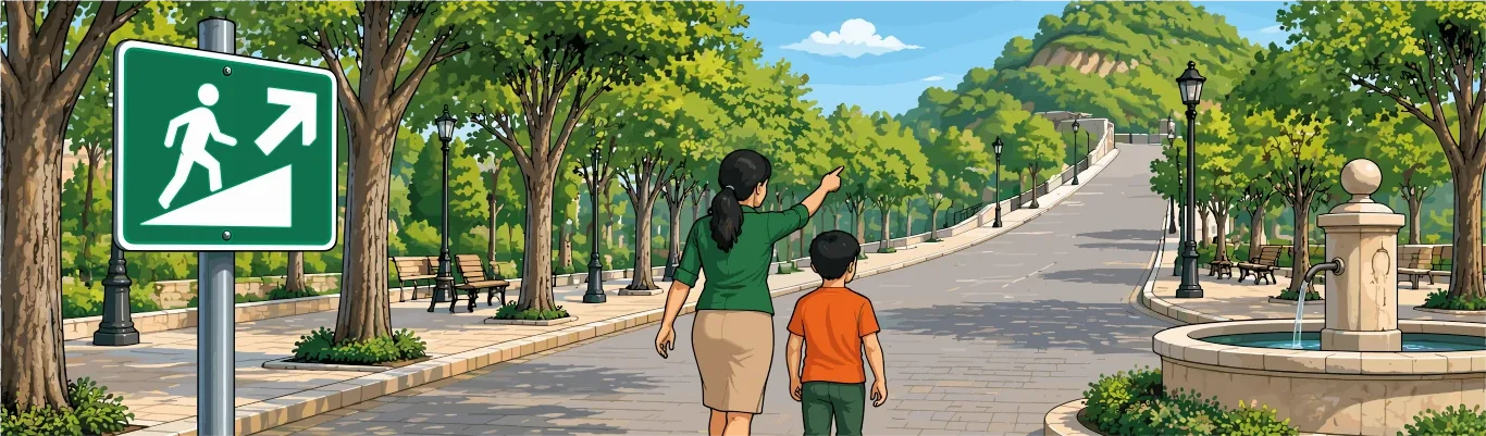 Una madre y su hijo recorren un paseo arbolado hacia la zona segura junto a una señal de ruta de evacuación.