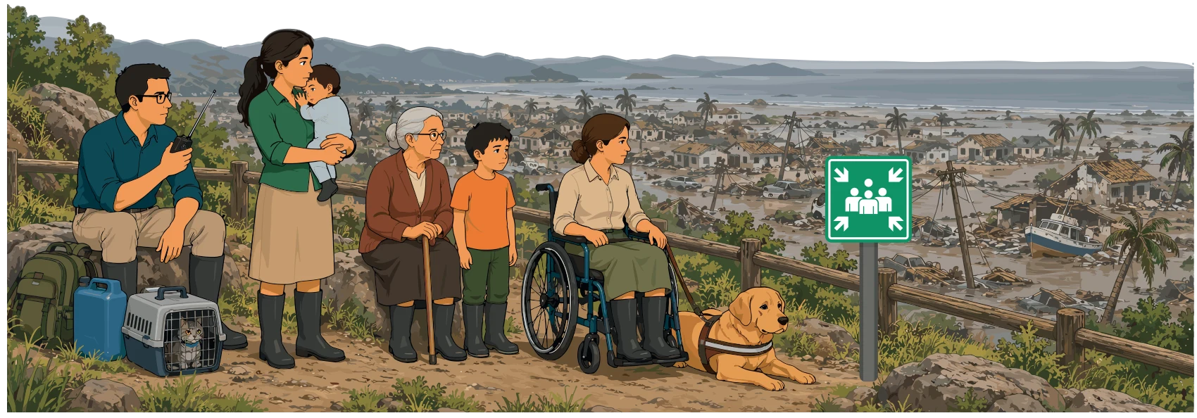Una familia diversa —padres con un bebé, un niño, una persona mayor con bastón y una persona en silla de ruedas con un perro de asistencia y un transportín para mascotas— permanece en una altura observando una costa devastada, junto a una señal verde de zona segura.