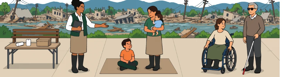 En un punto de encuentro frente a un pueblo devastado, una trabajadora institucional recibe a un grupo diverso: un niño sentado en una manta, una madre con un bebé, una mujer en silla de ruedas y un hombre con bastón para personas ciegas, junto a una mesa con insumos.