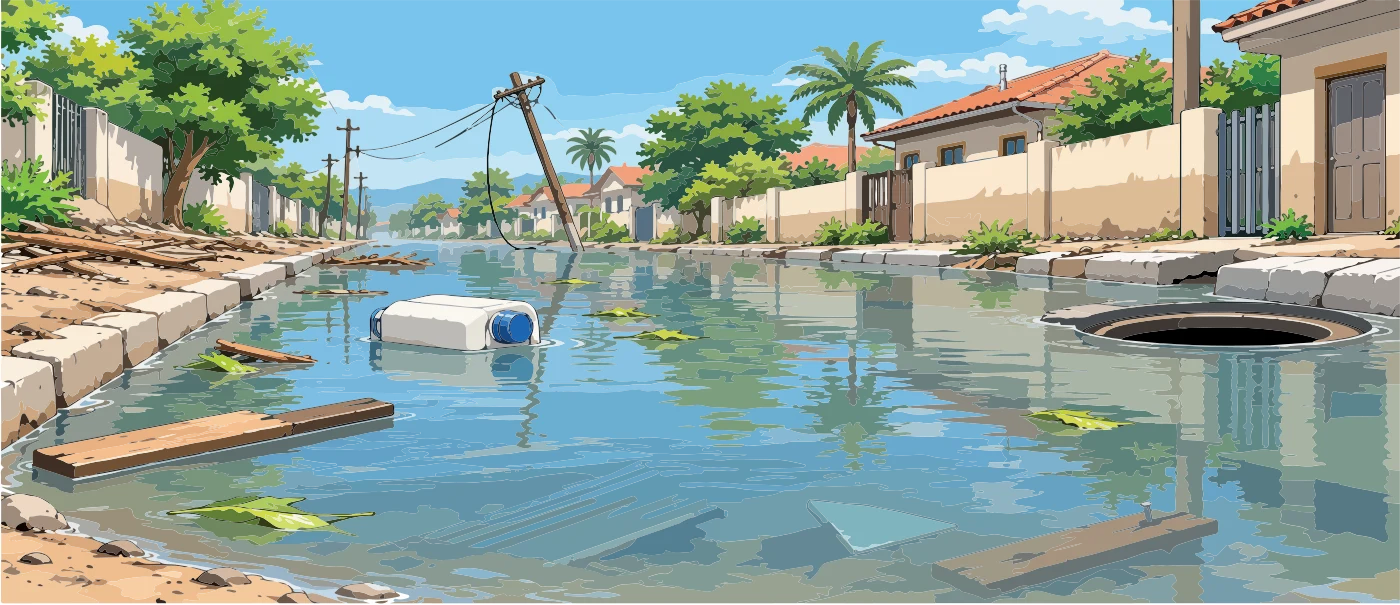 Calle inundada con escombros flotantes, un poste eléctrico caído y una alcantarilla abierta junto al agua estancada.