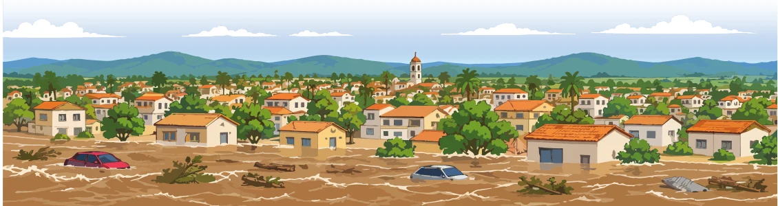 Una comunidad costera queda inundada tras el impacto de un tsunami, con casas rodeadas de agua y vehículos arrastrados por la corriente.
