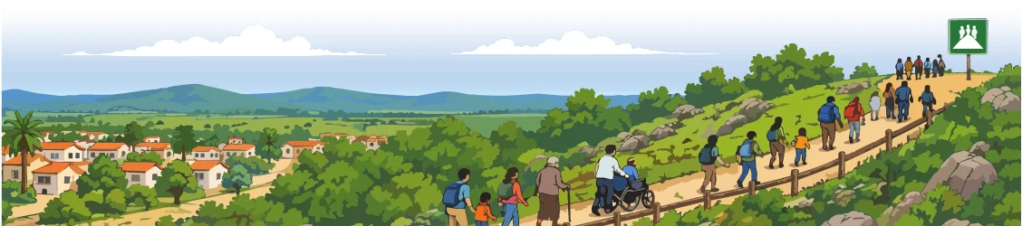 Una comunidad diversa evacúa por un sendero hacia terrenos elevados —personas mayores, un usuario de silla de ruedas, familias con niños— guiada por una señal de zona segura, con la comunidad costera al fondo.