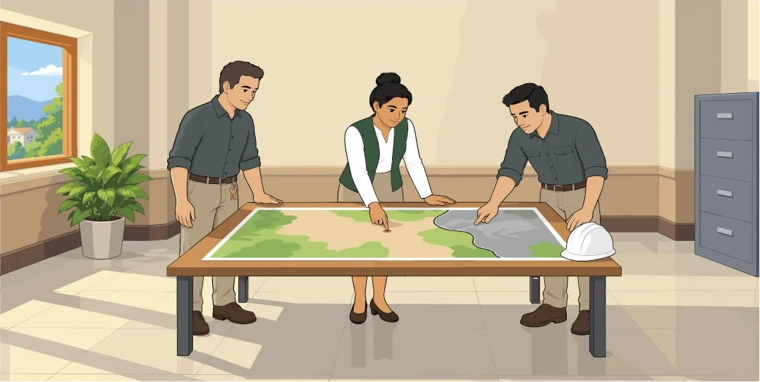 Tres responsables institucionales analizan un mapa de evacuación extendido sobre una mesa, junto a un casco de seguridad y un archivador.