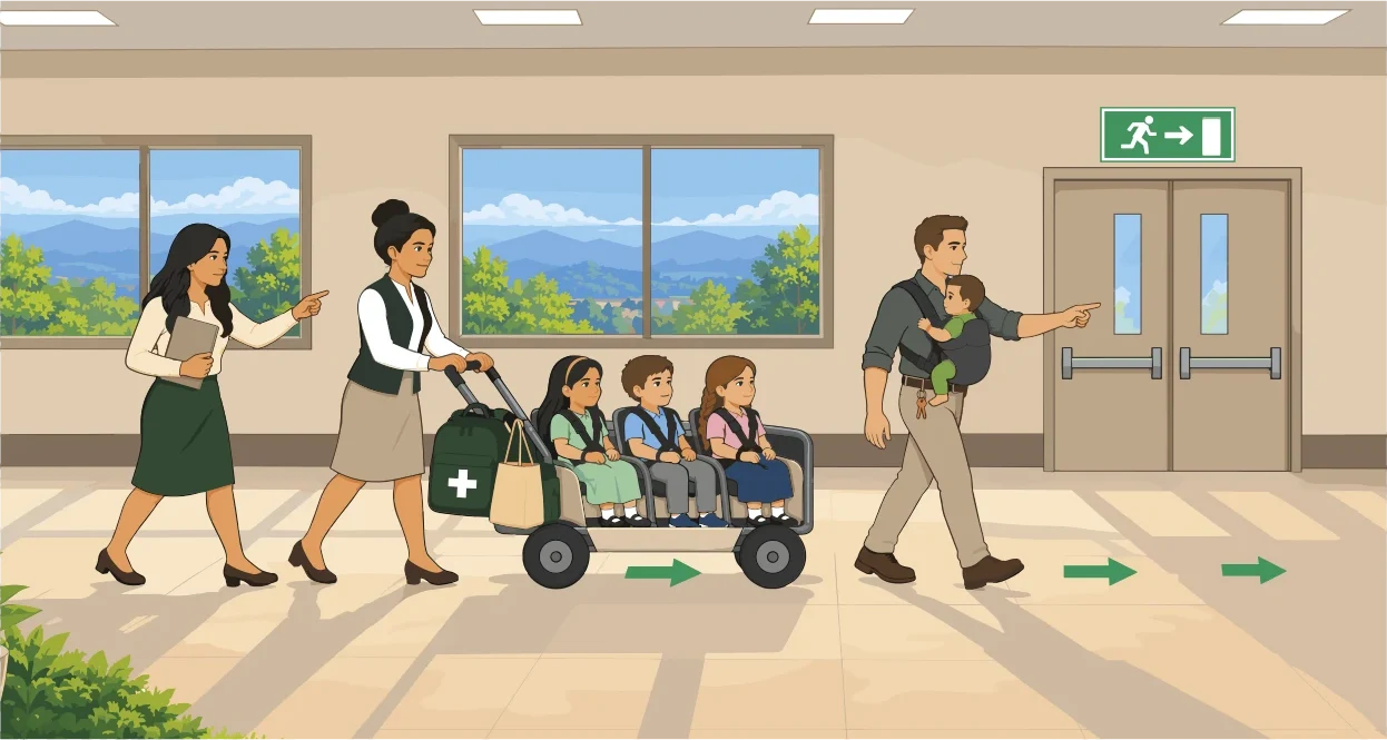 En un pasillo institucional, dos colaboradoras trasladan a varios niños pequeños en un carro con un botiquín, y un colaborador lleva en brazos a un bebé mientras avanzan hacia la salida de emergencia.