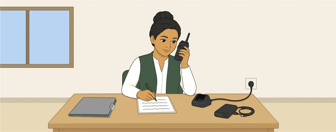 Una colaboradora institucional, sentada a un escritorio, se comunica con una radio de dos vías mientras toma notas, junto a una estación base con antena.