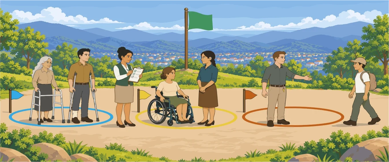 En una zona segura en altura, señalizada con una bandera verde, una responsable con planilla realiza el recuento de un grupo de personas ubicadas en círculos de colores, entre ellas una persona en silla de ruedas y otras con dispositivos de movilidad.