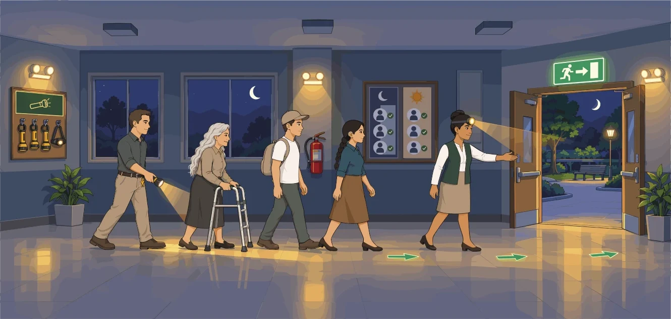 De noche, con la iluminación de emergencia encendida, un grupo de personas —entre ellas alguien con andador— evacúa un pasillo con linternas, siguiendo flechas en el piso hacia una salida señalizada.
