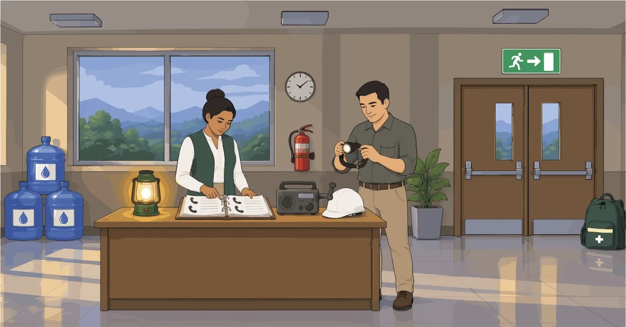 En el hall de una institución, con la salida de emergencia señalizada al fondo, dos colaboradores revisan equipamiento de respaldo sobre un escritorio: bidones de agua, una lámpara a pilas, una radio, un casco, una linterna y una mochila de primeros auxilios.