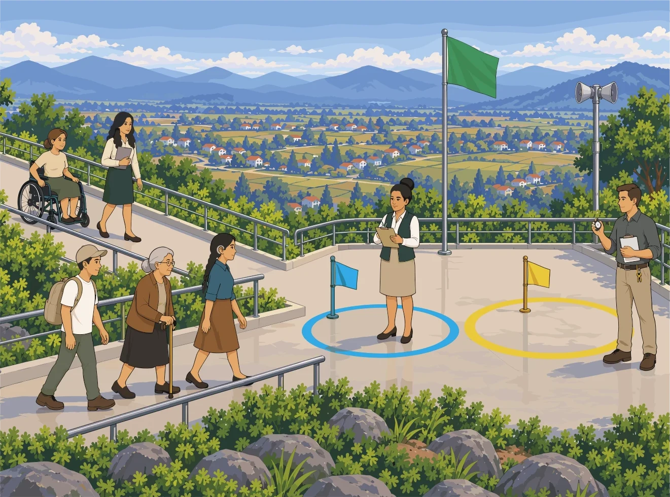 En una zona segura en altura, señalizada con banderas de colores y una bandera verde, un responsable con planilla y otro con cronómetro supervisan la llegada de un grupo diverso de personas que evacúa por rampas accesibles, entre ellas una persona en silla de ruedas y personas mayores.