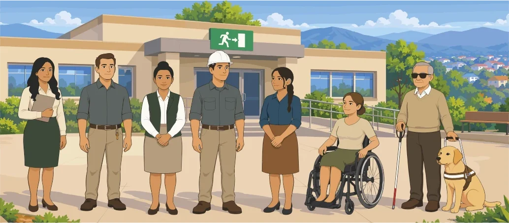 Un grupo diverso de personas —una colaboradora con planilla, trabajadores, una mujer joven, una persona en silla de ruedas y una persona mayor con bastón y perro guía— posa frente a un establecimiento con la salida de emergencia señalizada.