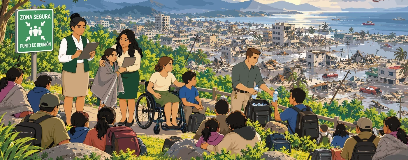 DESPUÉS: en la zona segura de reunión, señalizada, las personas esperan reunidas y asistidas mientras abajo se ve la ciudad destruida tras el tsunami.