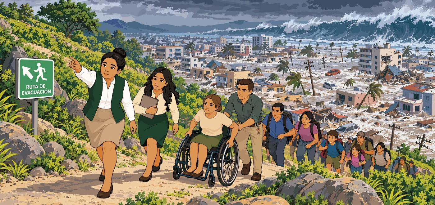 DURANTE: el mismo grupo evacúa por la ruta en altura mientras, al fondo, una ola de tsunami golpea y destruye la ciudad costera.