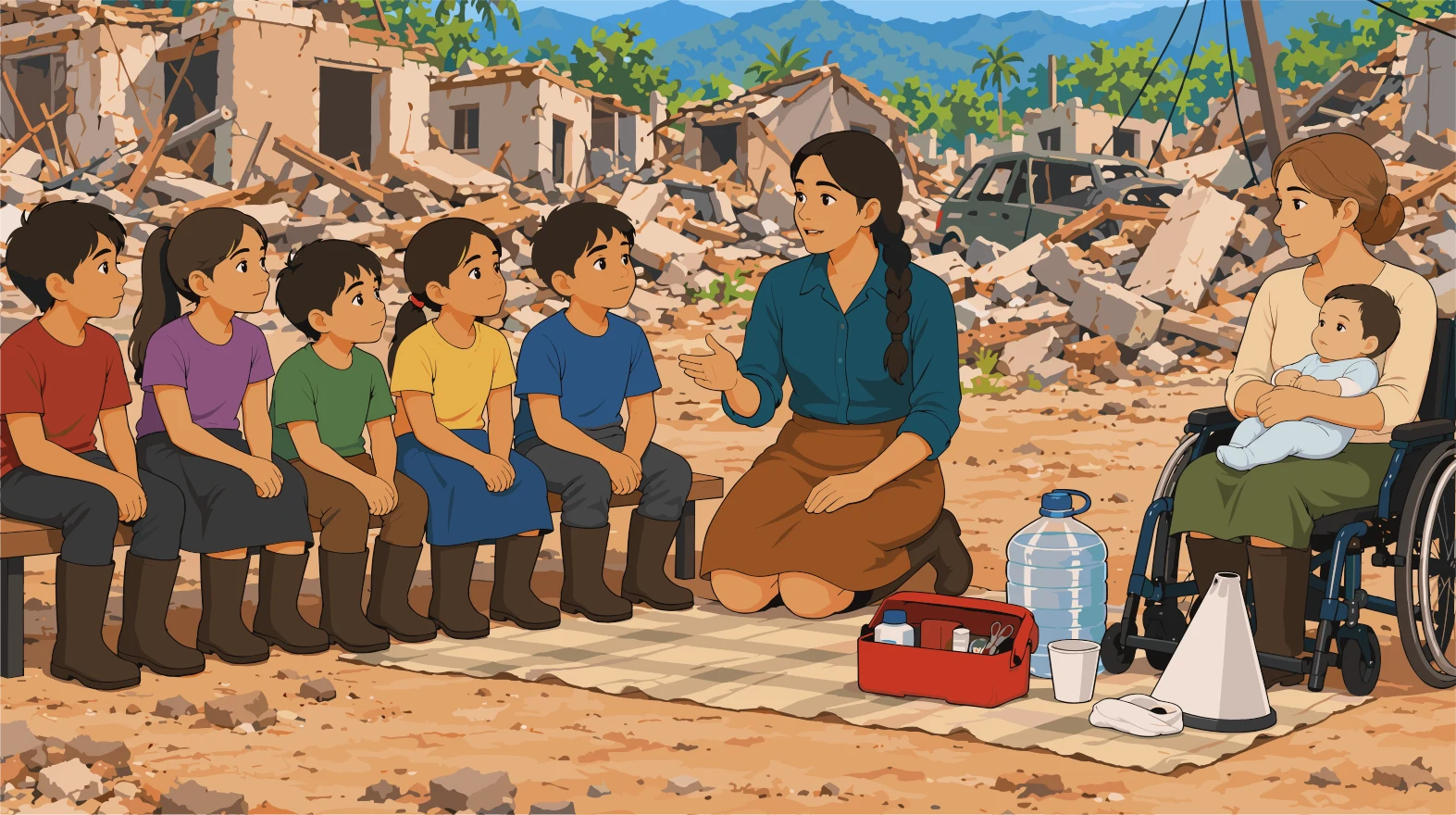 Una responsable conversa con cinco menores sentados ante viviendas destruidas; junto a ellos, una mujer con un bebé en silla de ruedas, un botiquín, agua segura y un cono de señalización.