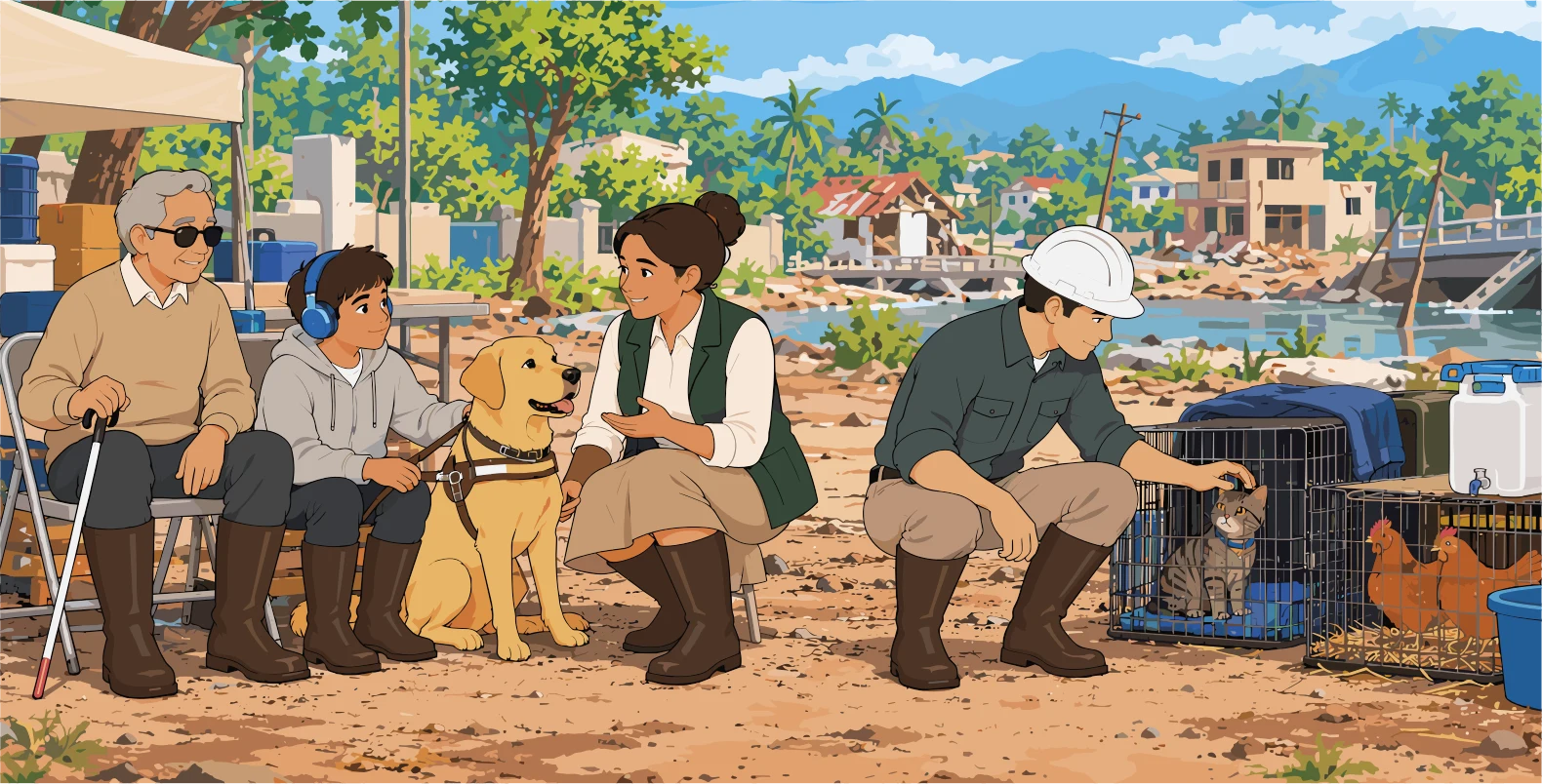 Personal y familias con un perro de servicio, un gato en jaula y gallinas en jaulas en un punto de encuentro.