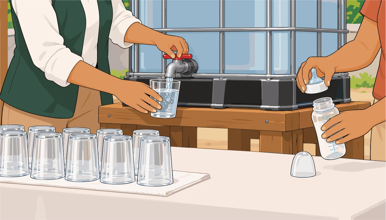 Manos que sirven agua segura de un tanque en un vaso y llenan un biberón sobre una mesa con vasos limpios.