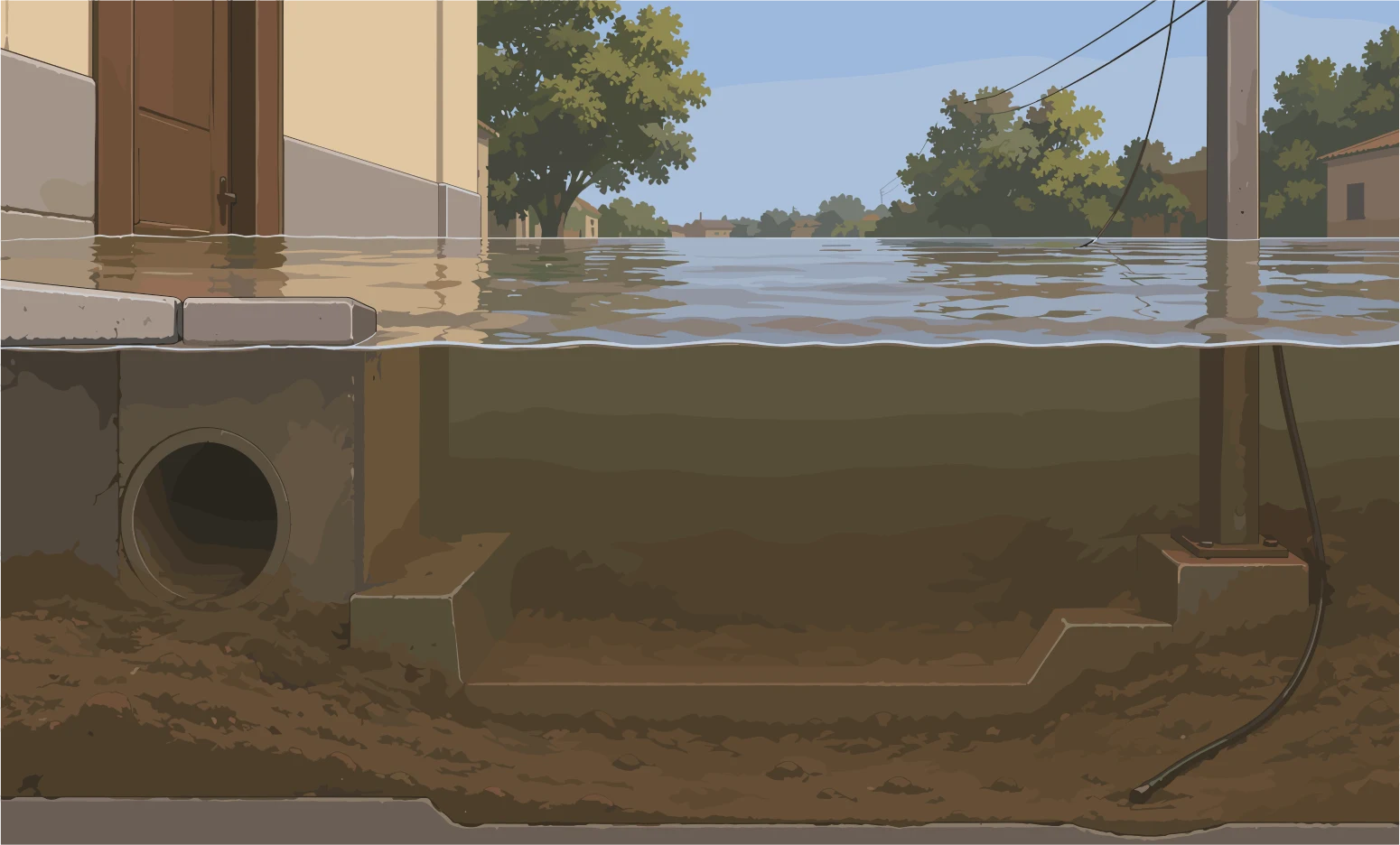 Corte de una calle inundada: bajo el agua turbia se ocultan una alcantarilla abierta, desniveles y un cable eléctrico caído.
