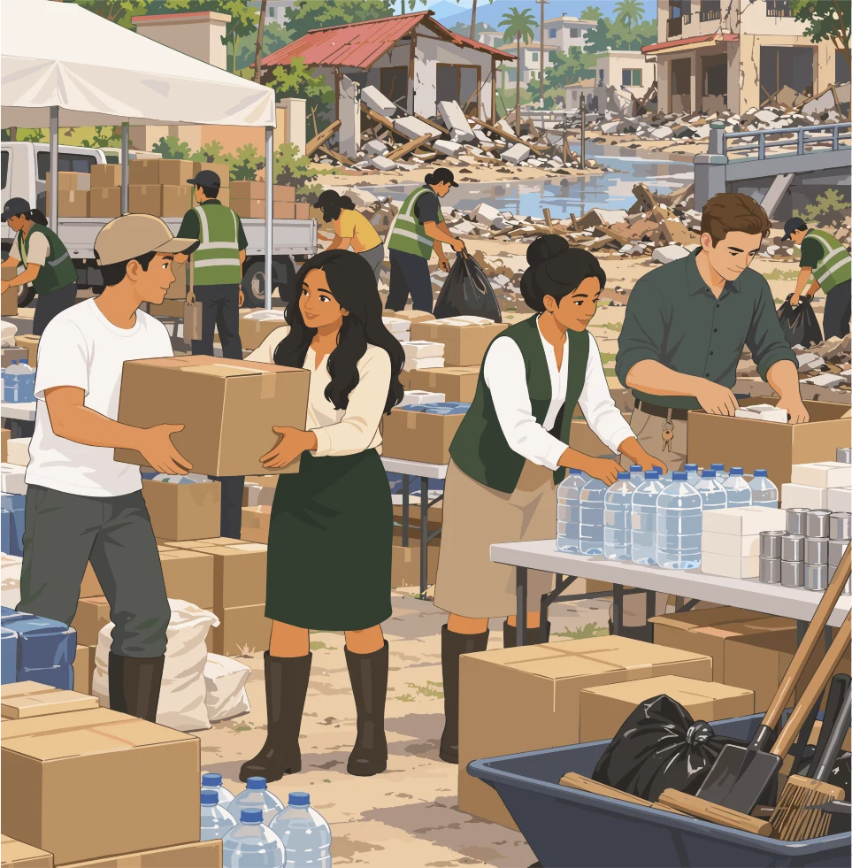 Entrega de cajas y botellas de agua bajo una carpa en el punto seguro.