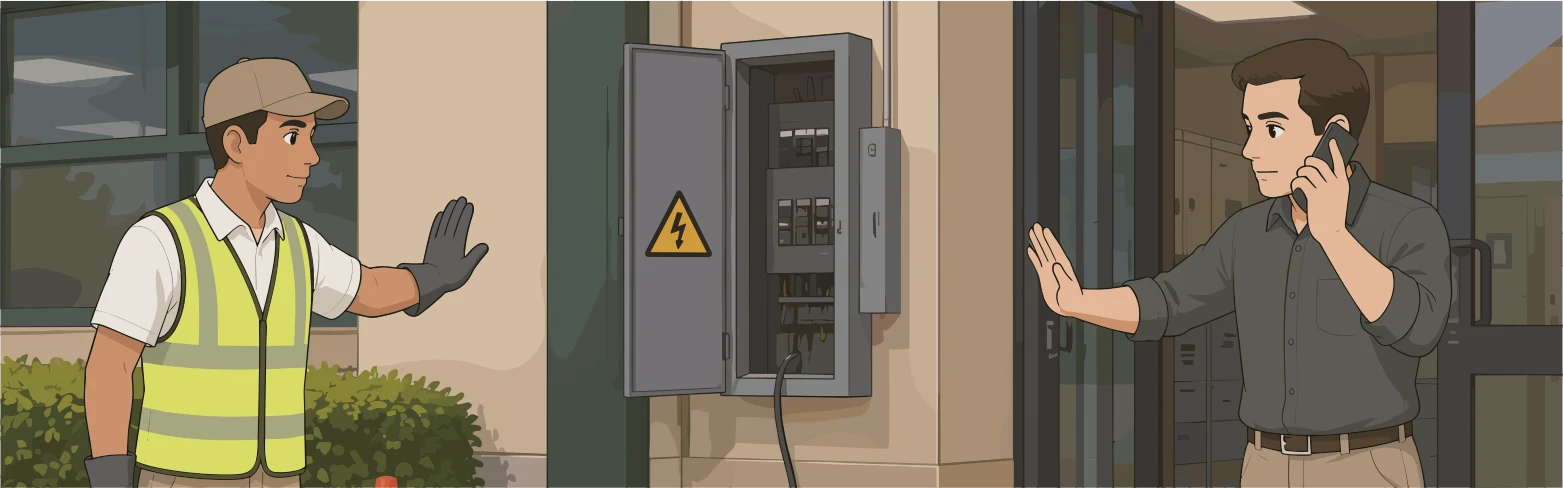 Un operario detiene con la mano a otra persona frente a un tablero eléctrico abierto mientras pide asistencia por teléfono.