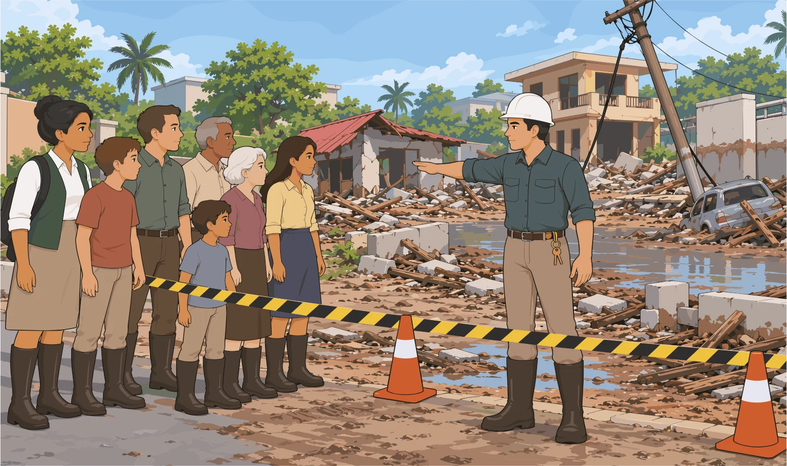 Responsable que indica a un grupo de personas que permanezcan tras la barrera, ante una calle inundada con escombros.