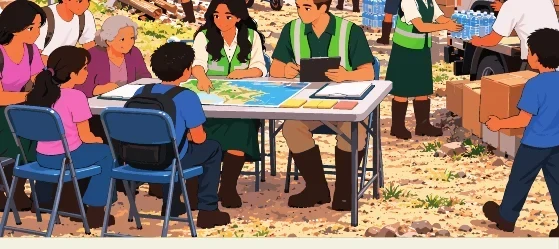 Equipo reunido alrededor de una mesa con el mapa costero, registrando las lecciones aprendidas entre escombros.