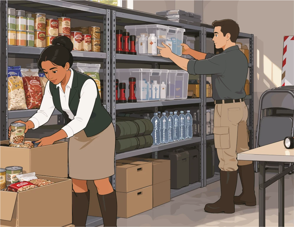 Voluntarios reponiendo agua, alimentos y equipos en la despensa de suministros de emergencia.