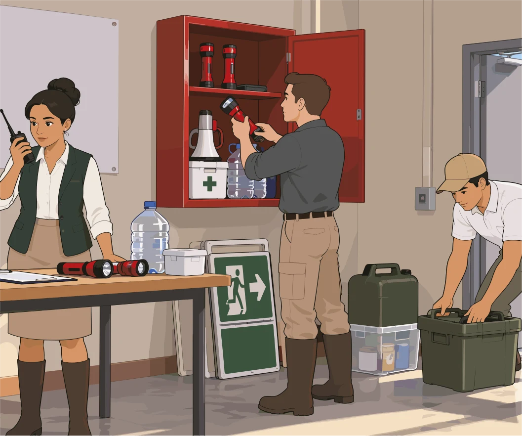 Responsables revisando el gabinete de emergencia con linternas, botiquín, radio y señalización de salida.