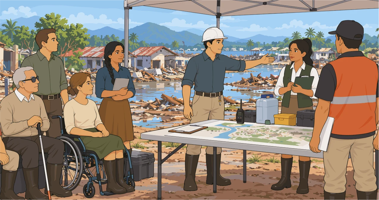 Responsables que coordinan el recuento alrededor de una mesa con mapas en el punto seguro.