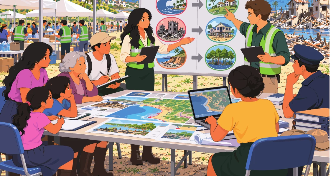 Equipo institucional alrededor de una mesa con mapas y una laptop, frente a una pizarra con el antes y el después del tsunami.