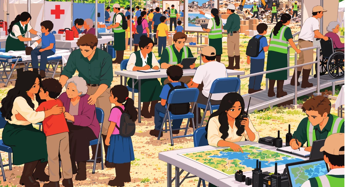 Campamento de asistencia institucional con registro, atención de menores, accesibilidad y coordinación en mapas.