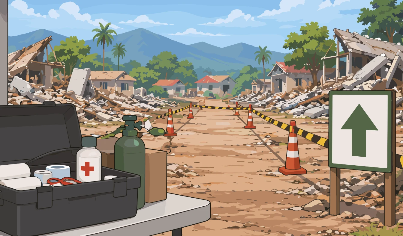 Botiquín en el punto de atención, con la ruta acordonada y señalizada hacia los servicios de emergencia.