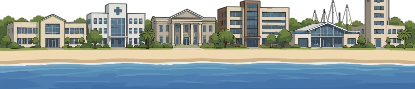 Edificios institucionales frente a la playa: si la institución está junto al mar, la evacuación debe comenzar con máxima urgencia.
