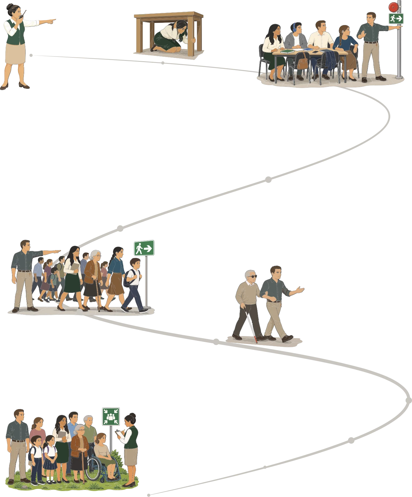 Diagrama de decisión durante la emergencia que conecta, mediante un recorrido, las escenas de activar el plan, protegerse del terremoto, evacuar, asistir y mantener a las personas en la zona segura.