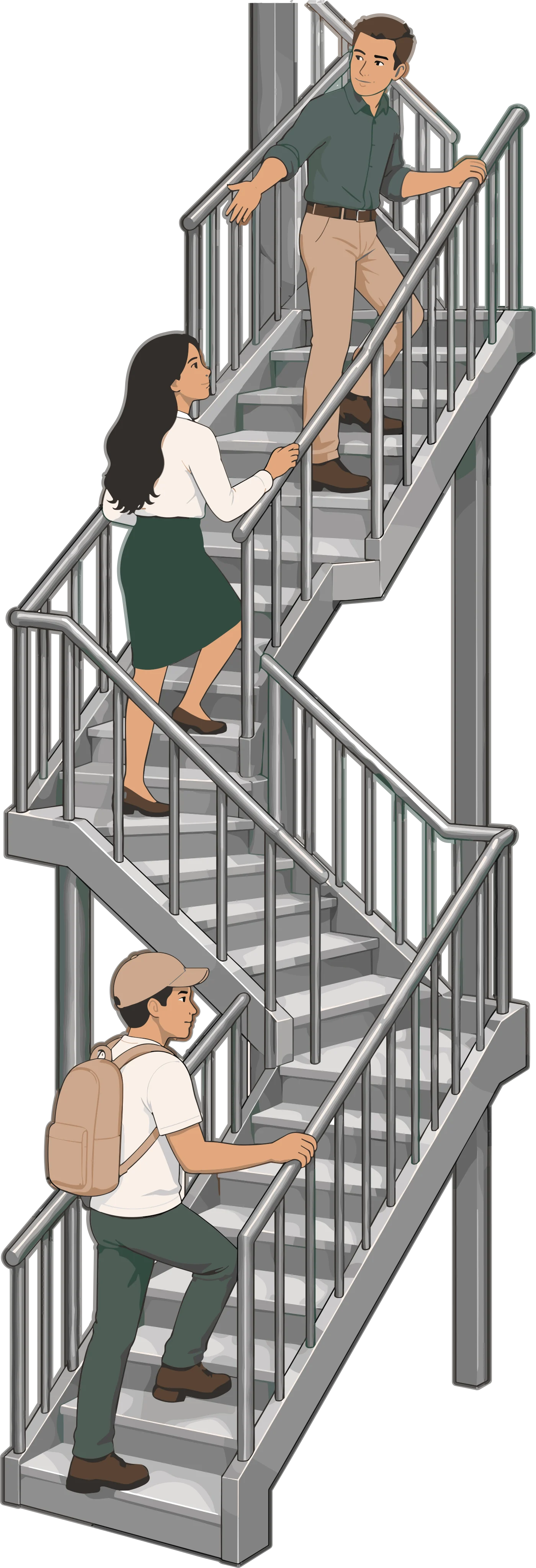 Personas ascienden por la escalera de una estructura hacia los niveles superiores, aplicando el procedimiento de evacuación vertical.