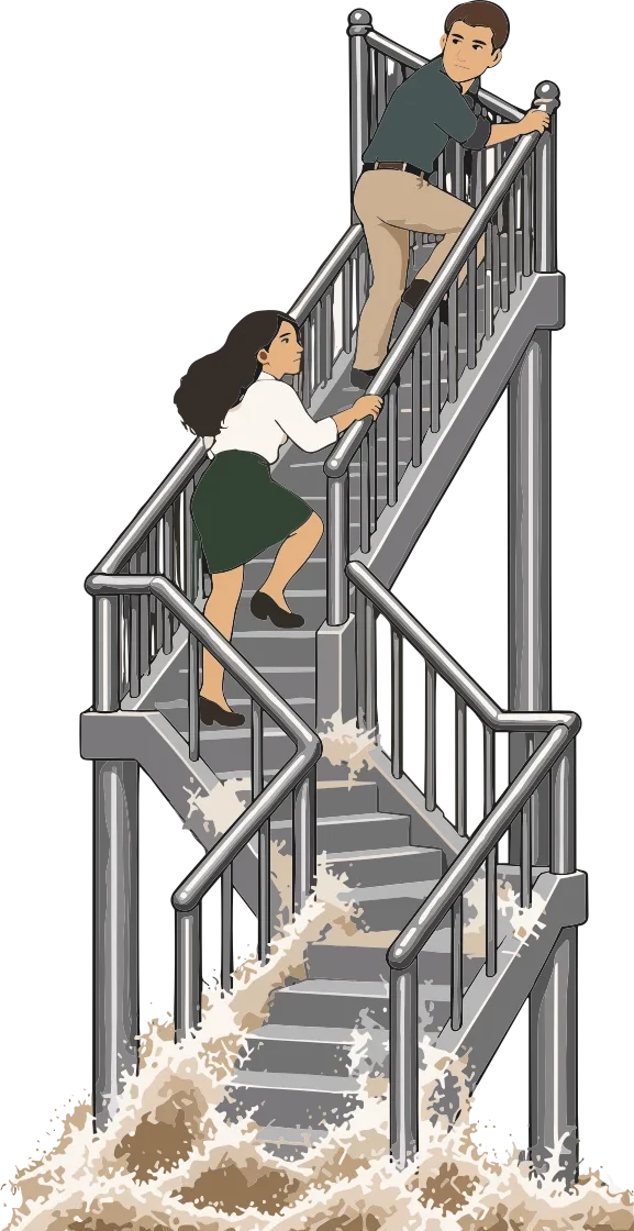 Personas ascienden por una escalera exterior buscando altura cuando el agua alcanza el establecimiento antes de completar la evacuación.