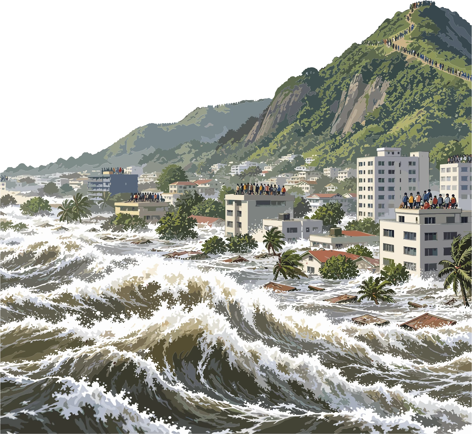 Un tsunami impacta una ciudad costera: la preparación y la acción inmediata son la diferencia entre el riesgo y la protección de la vida.